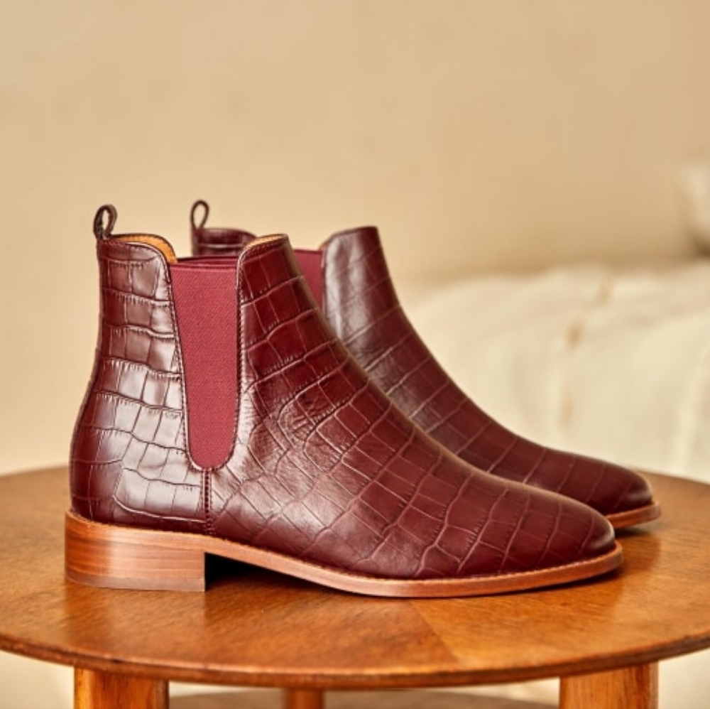 Sezane Low Henry Boots in Plum Crocodile Leather